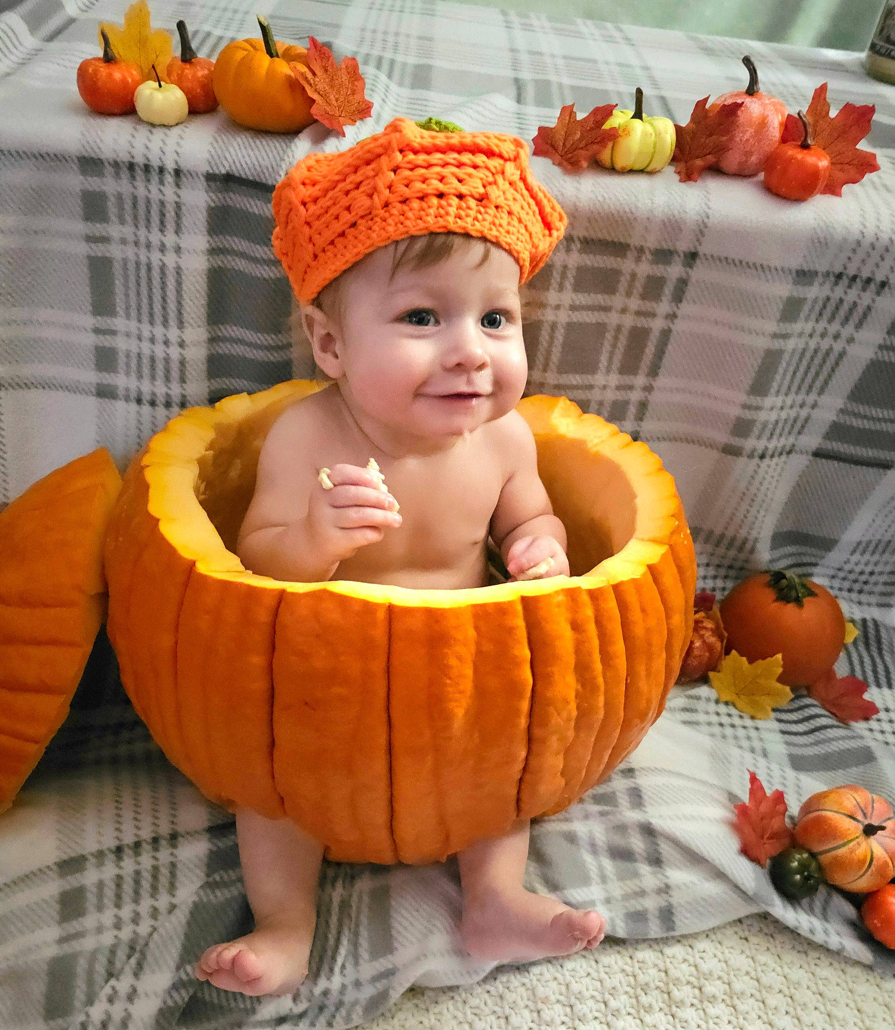 Finnan joined the competition — help win amazing prizes! baby, baby_products, baby_toddler_clothing, calabaza, cap, child, comfort, gourd, grass, happy, headwear, joy, leisure, natural_foods, orange, person, plant, pumpkin, sitting, smile