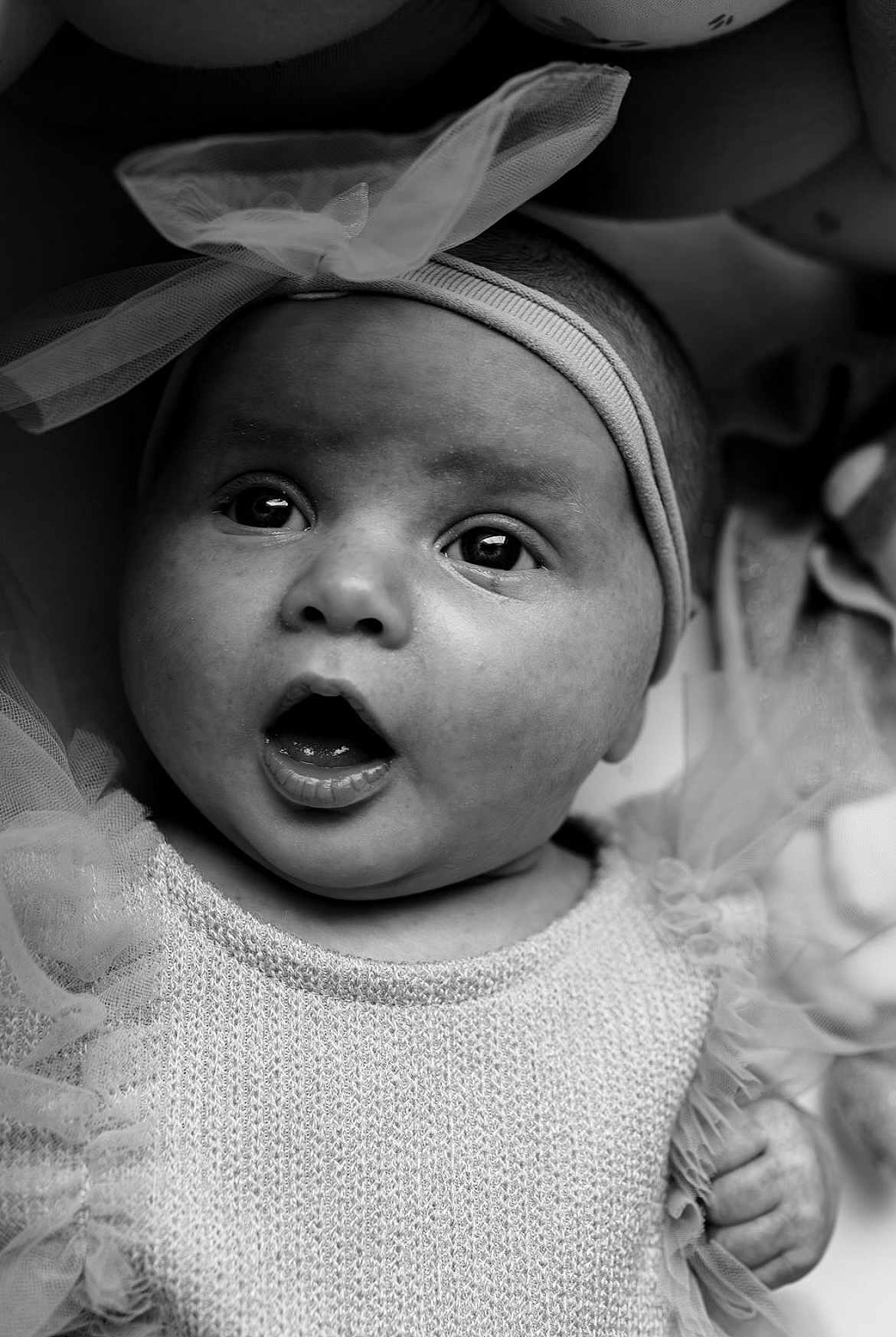 Mila participe au concours pour gagner de l'argent avec cette photo : baby, infant, face, headband, bow, expression, black_and_white, portrait, close_up, eyes, mouth, clothing, knitwear, soft_texture, newborn, cute, child, skin, hand, tulle