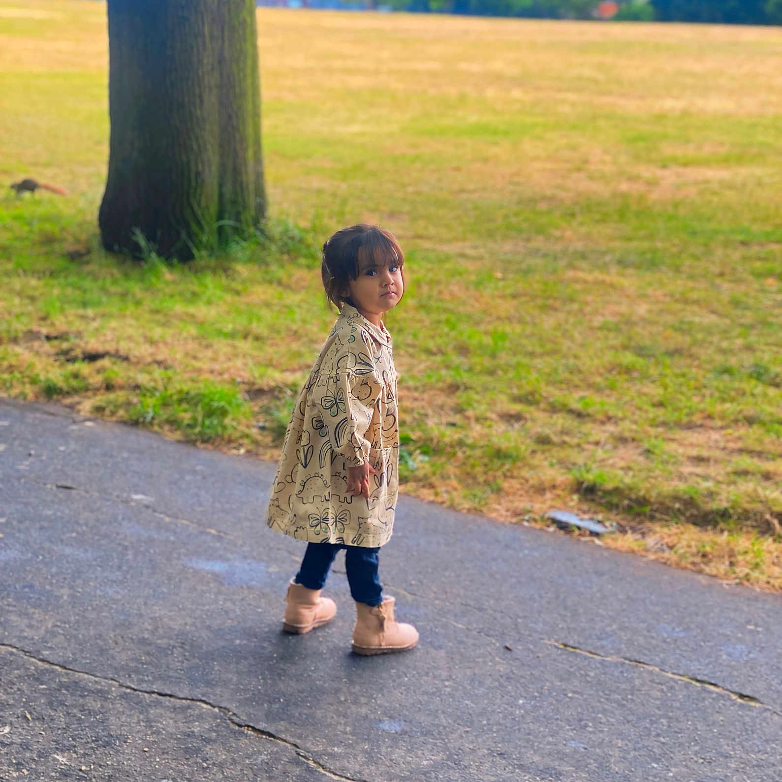 Airah is registered to the contest to win money with this photo: boots, butterfly_pattern, casual_clothing, child, coat, curious, daylight, dinosaur_pattern, fall, grass, nature, outdoor, park, paved_path, person, portrait, scenery, tree, walking, young_child