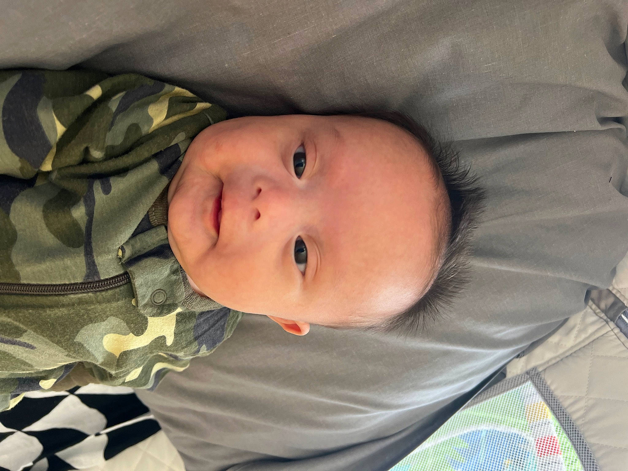 Kayden joined the competition — help win amazing prizes! baby, baby_products, baby_toddler_clothing, cheek, child, comfort, eye, eyelash, facial_expression, head, iris, linens, lip, nose, pattern, person, skin, sleeve, toddler, tree