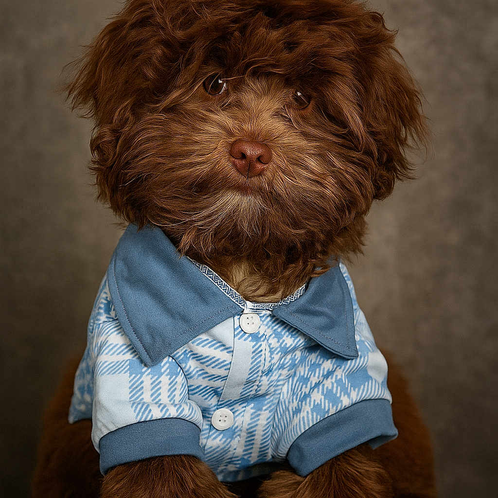 Remi is registered to the contest to win money with this photo: adorable, animal, blue, brown, canine, clothing, curly_fur, cute, dog, domestic_animal, face, fluffy, fur, furry, pet, portrait, shirt, sitting, studio, white