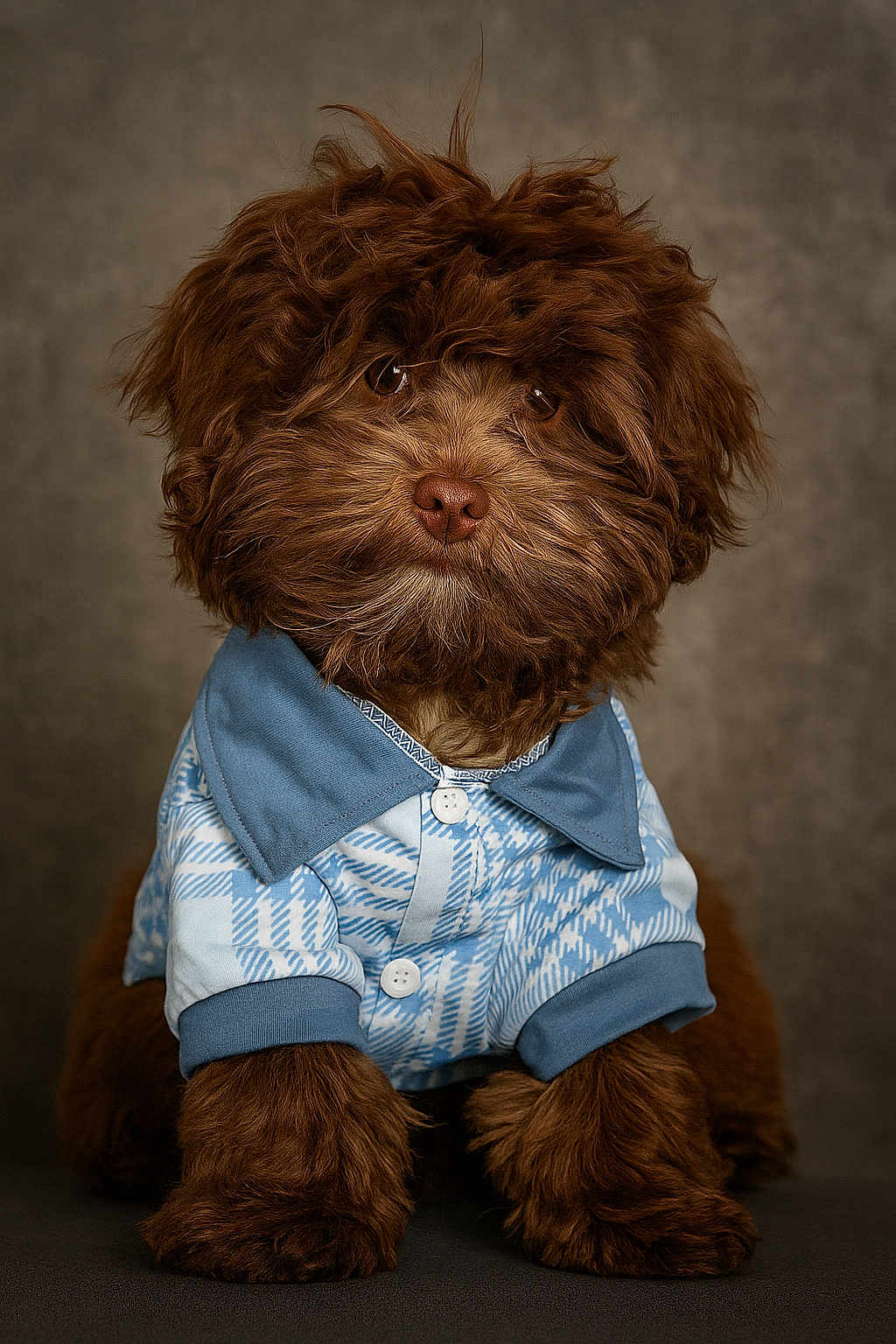Remi is registered to the contest to win money with this photo: dog, brown, fluffy, curly_fur, pet, portrait, clothing, shirt, blue, white, cute, studio, sitting, animal, canine, furry, face, adorable, domestic_animal, fur