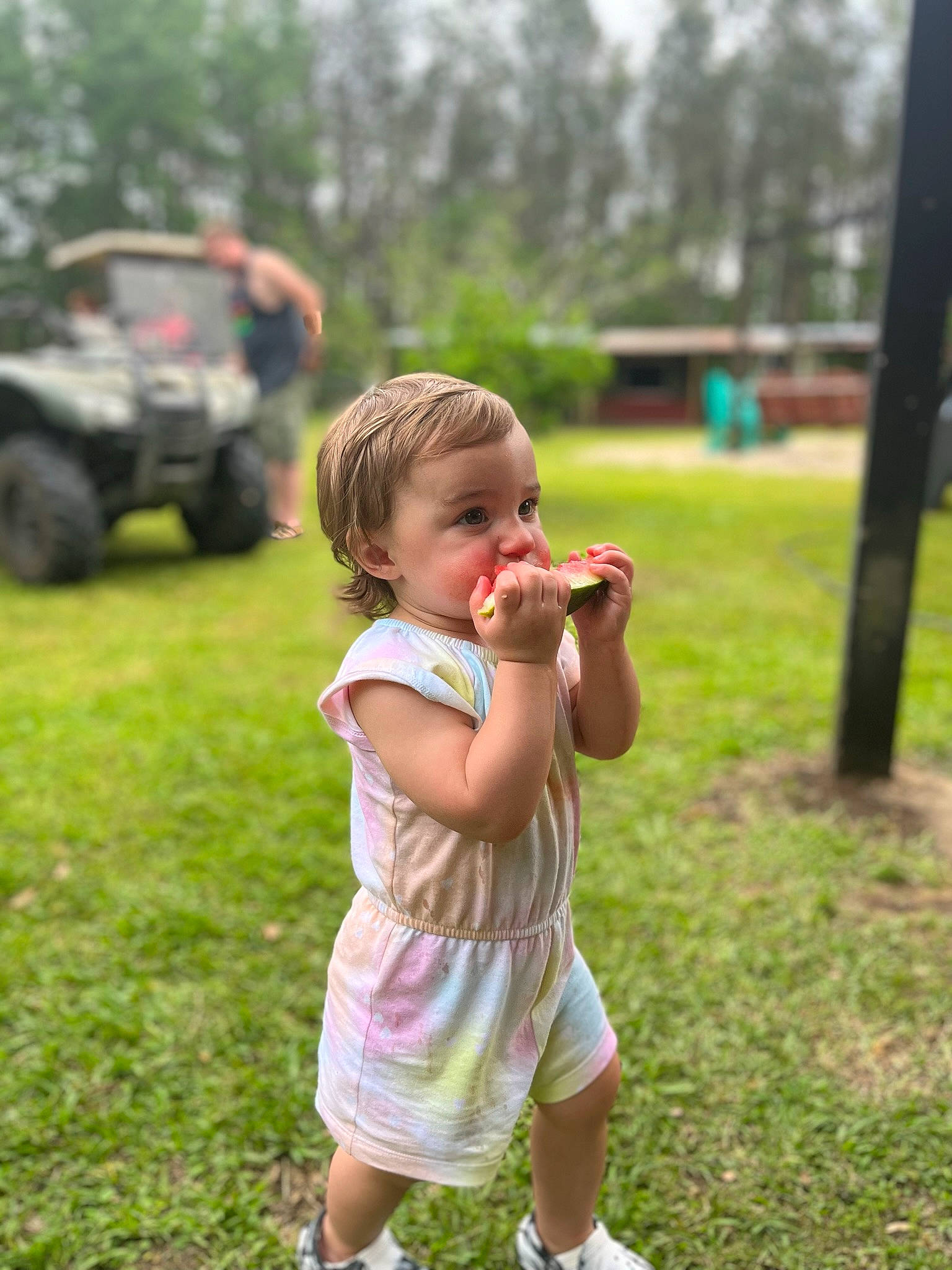 Reagan is registered to the contest to win money with this photo: child, dress, food, fruit, fun, grass, grassland, happy, lawn, leisure, mammal, people_in_nature, person, plant, recreation, shorts, summer, tire, toddler, tree