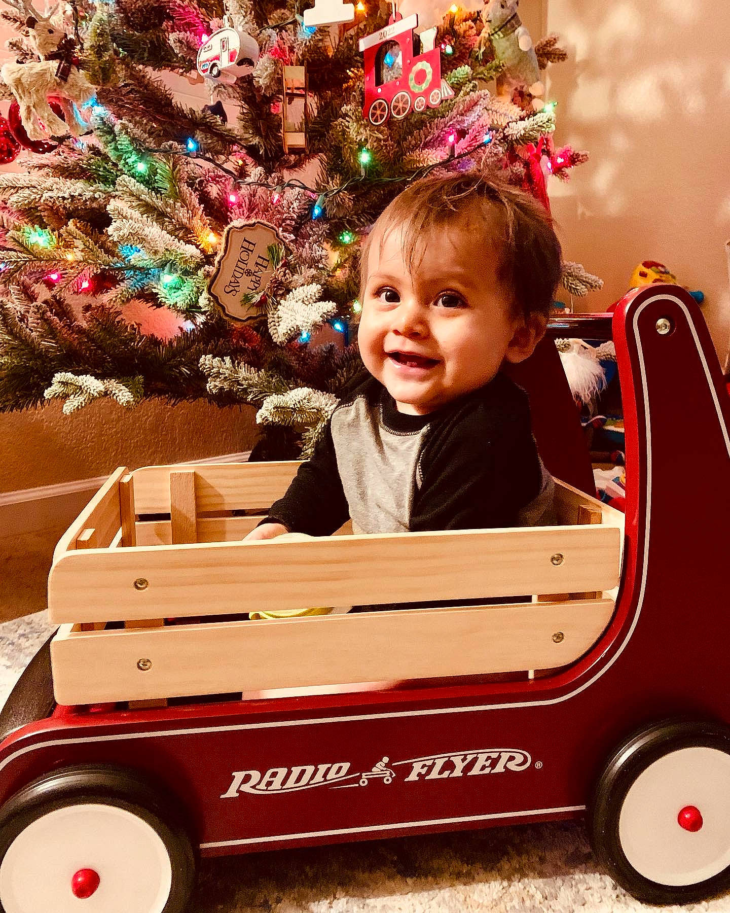 Joaquin joined the competition — help win amazing prizes! automotive_wheel_system, baby_toddler_clothing, child, christmas_decoration, christmas_tree, event, fun, happy, holiday, joy, motor_vehicle, person, photograph, product, riding_toy, smile, snapshot, tire, toddler, vehicle