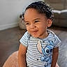 blurred_background, casual_clothing, cheeky_expression, child, cozy, curly_hair, cute, happy, home, indoor, living_room, person, portrait, sitting, smiling, stitch_character, striped_shirt, toddler, wooden_floor, young_child