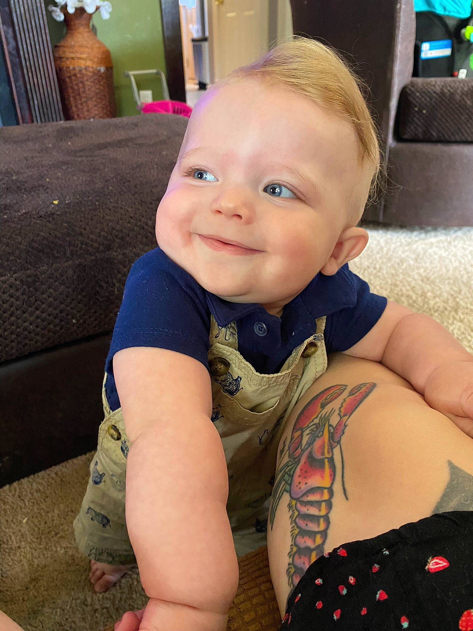 Liam is registered to the contest to win money with this photo: baby_toddler_clothing, cheek, chest, comfort, cool, elbow, eye, facial_expression, hair, happy, head, human_body, joy, mouth, neck, person, skin, sleeve, smile, thigh