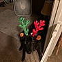 dog, black_dog, antlers, sequin, costume, pet, indoor, carpet, baby_gate, lamp, fan, doorway, looking_up, holiday, festive, brown_ears, animal, home, decor, cute
