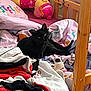 black_cat, bed, blanket, stuffed_toy, plush, wooden_bed_frame, pink_bedding, colorful_blankets, soft_toys, cozy, indoor, pet, animal, feline, resting, cluttered, cute, home, comfort, relaxation