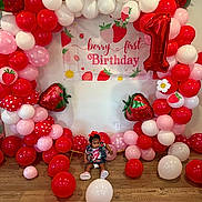 Heaven joined the competition — help win amazing prizes! child, toddler, birthday, balloons, strawberry, banner, party_decor, balloon_arch, red_balloons, pink_balloons, white_balloons, number_one_balloon, wood_floor, sitting, dress, hair_bow, celebration, decorations, smile, infant