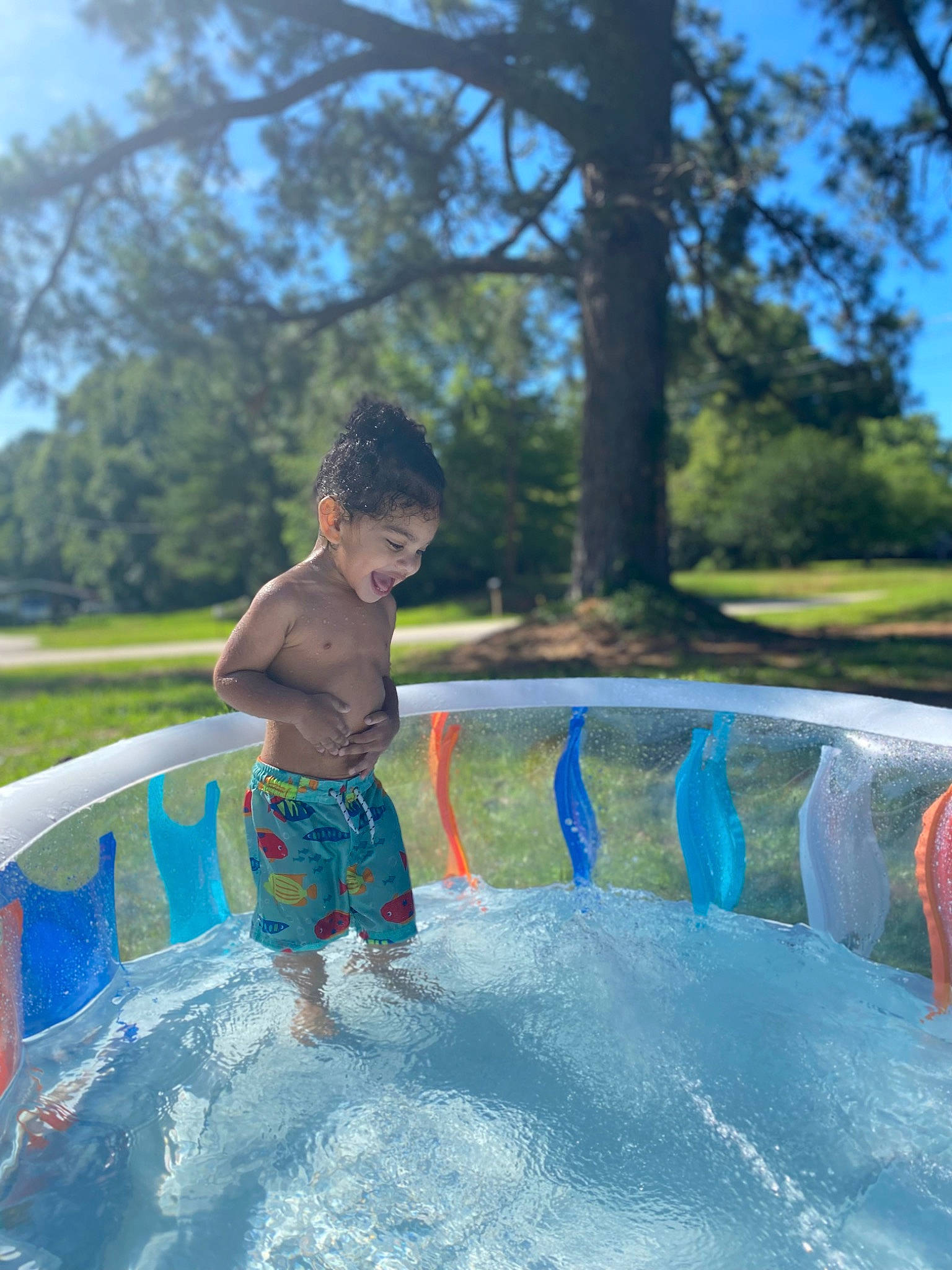 Bryson joined the competition — help win amazing prizes! bathing, board_short, child, fun, grass, happy, inflatable, leisure, nonbuilding_structure, outdoor_recreation, person, play, recreation, shade, sky, swimming_pool, swimwear, toddler, tree, water