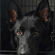 Kobos is registered to the contest to win money with this photo: dog, black_dog, kennel, cage, animal, pet, portrait, close_up, face, eyes, ears, nose, fur, black_fur, looking_at_camera, indoor, bars, sad_expression, dramatic_lighting, photography