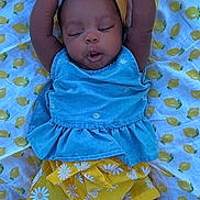 Jalasia joined the competition — help win amazing prizes! baby, infant, sleeping, stretching, blue_clothing, yellow_clothing, floral_pattern, headband, mittens, socks, blanket, lemon_pattern, cute, peaceful, child, portrait, lying_down, adorable, outfit, resting