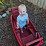 Ronan joined the competition — help win amazing prizes! toddler, child, wagon, red, outdoor, smiling, happy, play, toy, plastic, barefoot, shorts, tshirt, blue_eyes, face, wood_chips, fence, garden, sunlight, standing