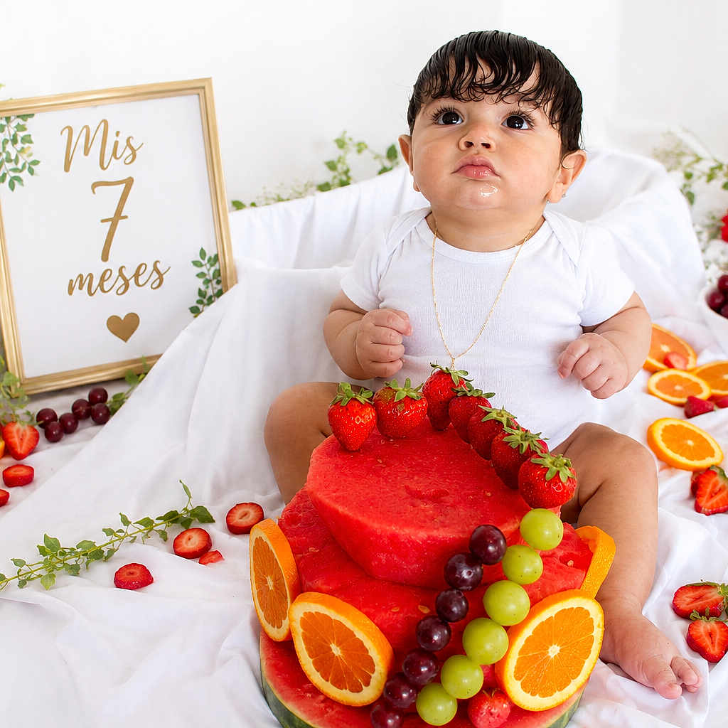 Jayden Berea is registered to the contest to win money with this photo: baby, infant, child, seven_months, portrait, sitting, white_clothing, curly_hair, wide_eyes, fruit, watermelon, strawberries, grapes, oranges, fruit_cake, flowers, bed, white_blanket, milestone, indoor