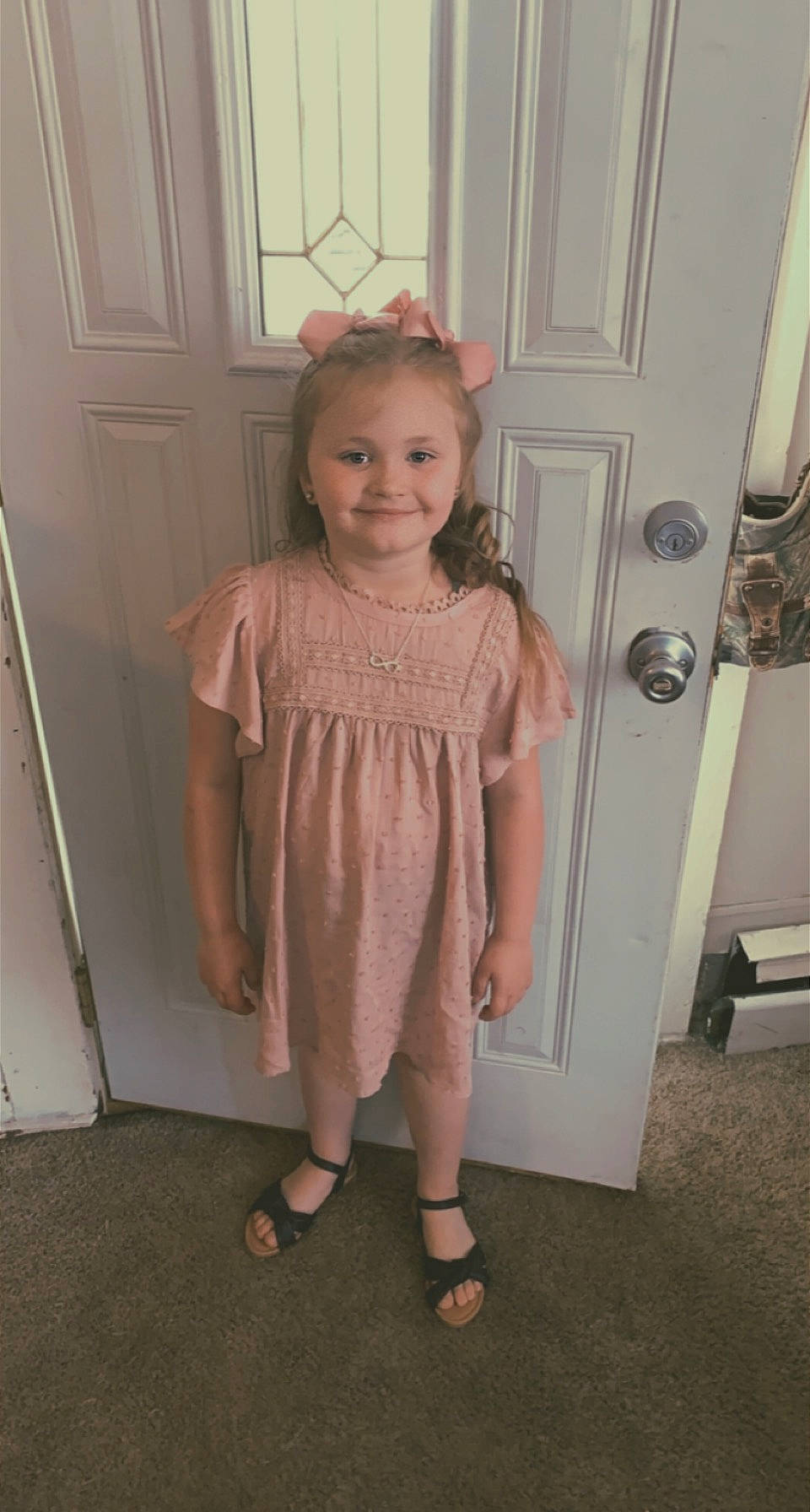 Aaliyah joined the competition — help win amazing prizes! baby_toddler_clothing, blond, child, door, dress, face, floor, flooring, hairstyle, human_leg, joy, knee, magenta, pattern, person, pink, shoulder, sleeve, smile, standing