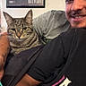 cat, tabby_cat, human, man, selfie, portrait, indoors, couch, sitting, smiling, face, whiskers, ears, fur, pet, companion, black_shirt, poster, tattoo, relaxed