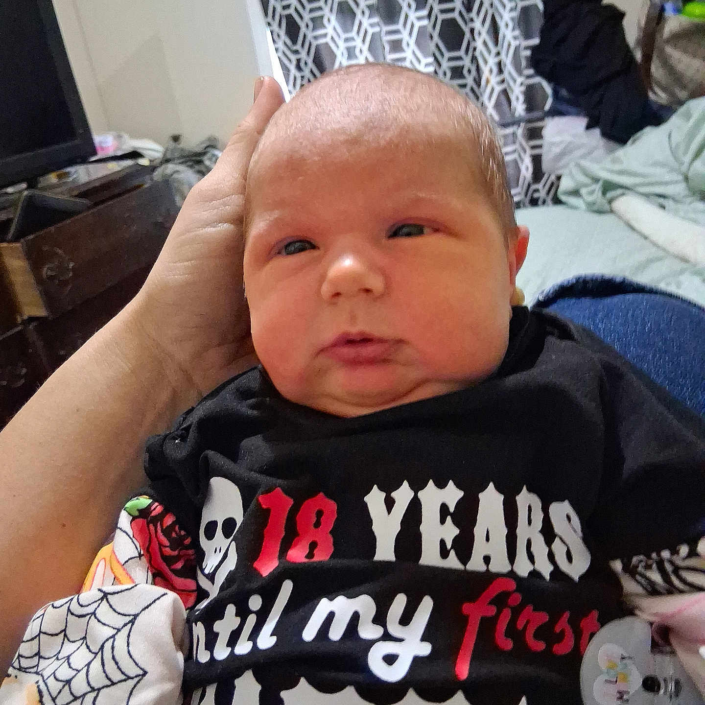 Maddison is registered to the contest to win money with this photo: baby, bed, clothing, computerhardware, couch, cushion, electronics, face, furniture, glove, hardware, head, homedecor, monitor, person, photography, portrait, screen, t_shirt, tv