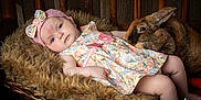 Lani Rose is registered to the contest to win money with this photo: baby, blue_eyes, bow, child, cozy, cute, floral_dress, fur_blanket, indoor, infant, photography, pink_headband, plush_rabbit, portrait, relaxed, resting, soft_lighting, stuffed_animal, wicker_basket, wood_background