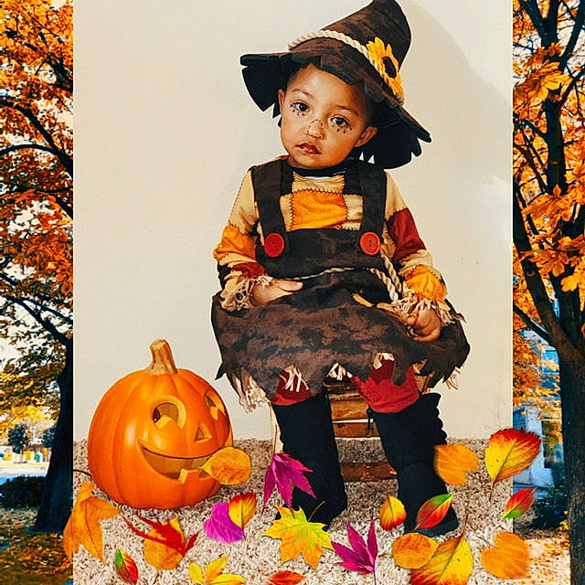 Unique is registered to the contest to win money with this photo: autumn, calabaza, child, costume, jack_o_lantern, leaf, orange, person, plant, pumpkin, toddler, tree, trick_or_treat, witch_hat