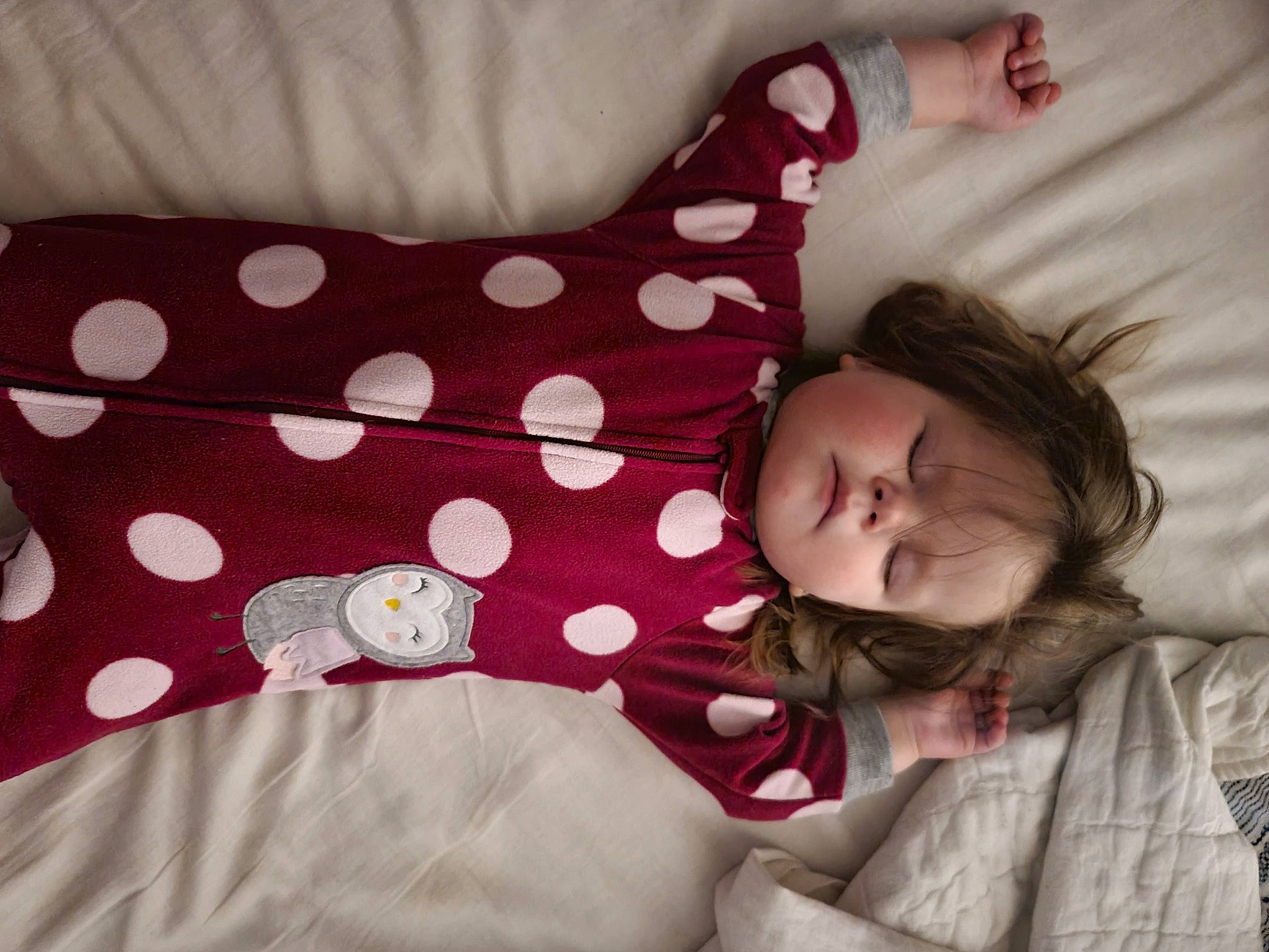 Anastyn joined the competition — help win amazing prizes! baby, baby_sleeping, baby_toddler_clothing, bedding, bedtime, carmine, child, comfort, linens, magenta, nap, pattern, person, pink, polka_dot, sleeve, toddler, white