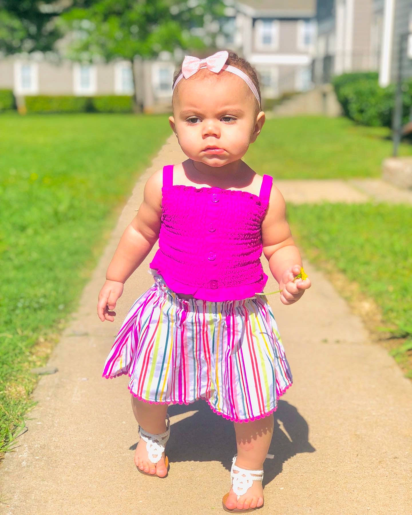 Zaryah joined the competition — help win amazing prizes! baby, baby_toddler_clothing, day_dress, electric_blue, face, grass, green, happy, head, leisure, magenta, one_piece_garment, person, pink, plant, purple, shoulder, sleeve, toddler, tree