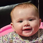 Vyolette is registered to the contest to win money with this photo: baby, child, smiling, face, portrait, floral_clothing, pink_chair, happy, cute, infant, young_child, skin, head, eyelashes, mouth, person, seated, indoors, expression, cheerful