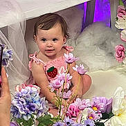 Vyolette is registered to the contest to win money with this photo: baby, child, cute, decor, flower_arrangement, hand, human, indoor, person, phone, photography, pink_dress, pink_flowers, portrait, purple_flowers, sitting, smiling, strawberry_patch, toddler, white_flowers