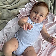 Yaslena is registered to the contest to win money with this photo: baby, infant, child, onesie, blanket, pink_blanket, green_blanket, arm_bracelet, chubby, cute, smiling, reaching_hand, soft_texture, lying_down, portrait, indoors, skin, face, happy, closeup