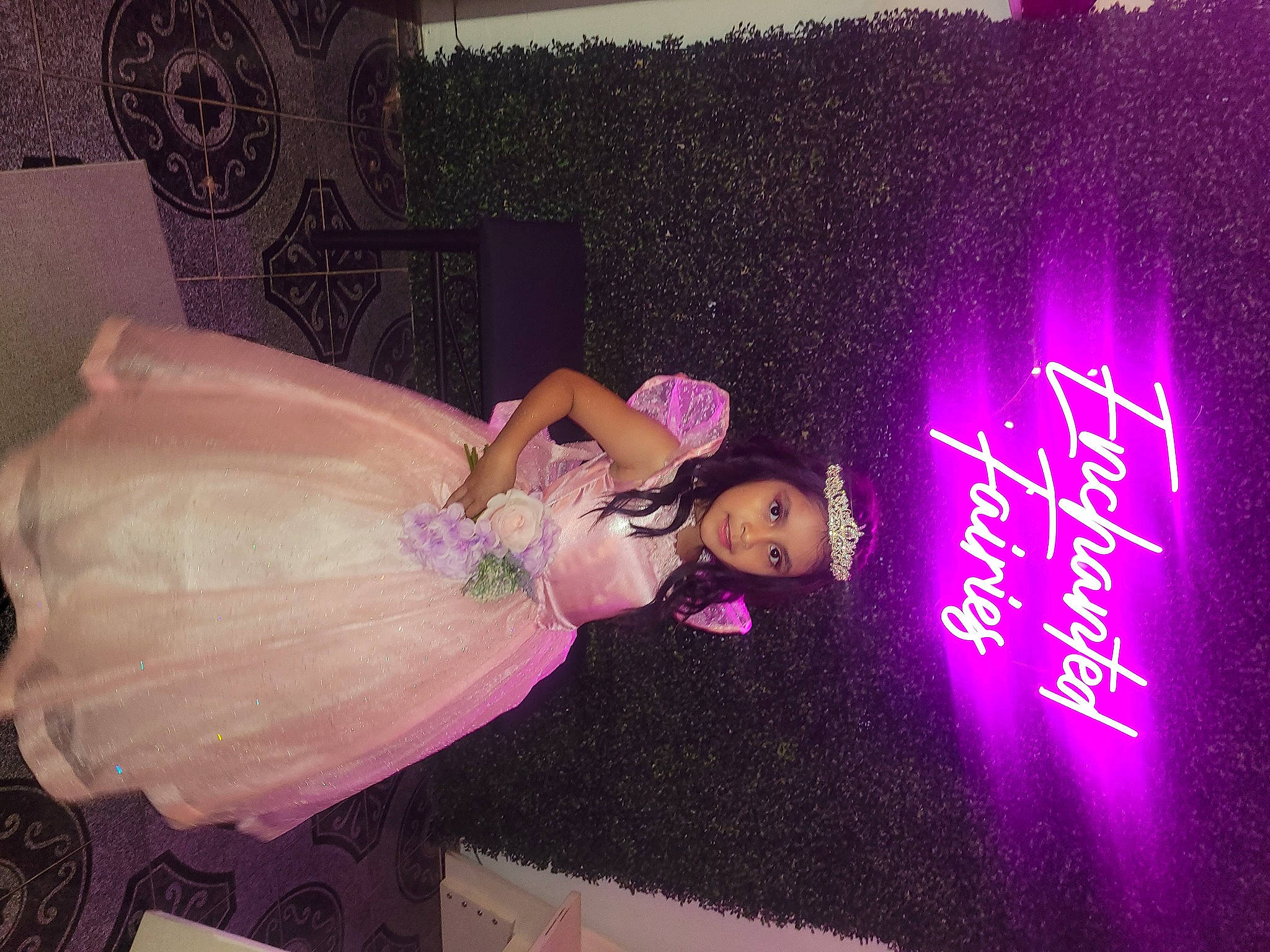 Sofia Guzman is registered to the contest to win money with this photo: bridal_accessory, bridal_clothing, bridal_party_dress, cocktail_dress, doll, dress, event, fashion_accessory, fashion_design, formal_wear, gown, haute_couture, headwear, magenta, peach, person, petal, pink, purple, room