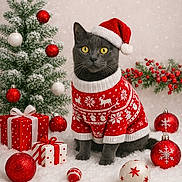 Yoda a rejoint le concours — aidez-le/la à gagner de superbes lots ! cat, christmas_sweater, christmas_tree, cute, decorations, festive, gift_boxes, gray_cat, holiday, holiday_season, indoor, ornaments, pet, presents, red_ornaments, santa_hat, snow, white_ornaments, winter, yellow_eyes