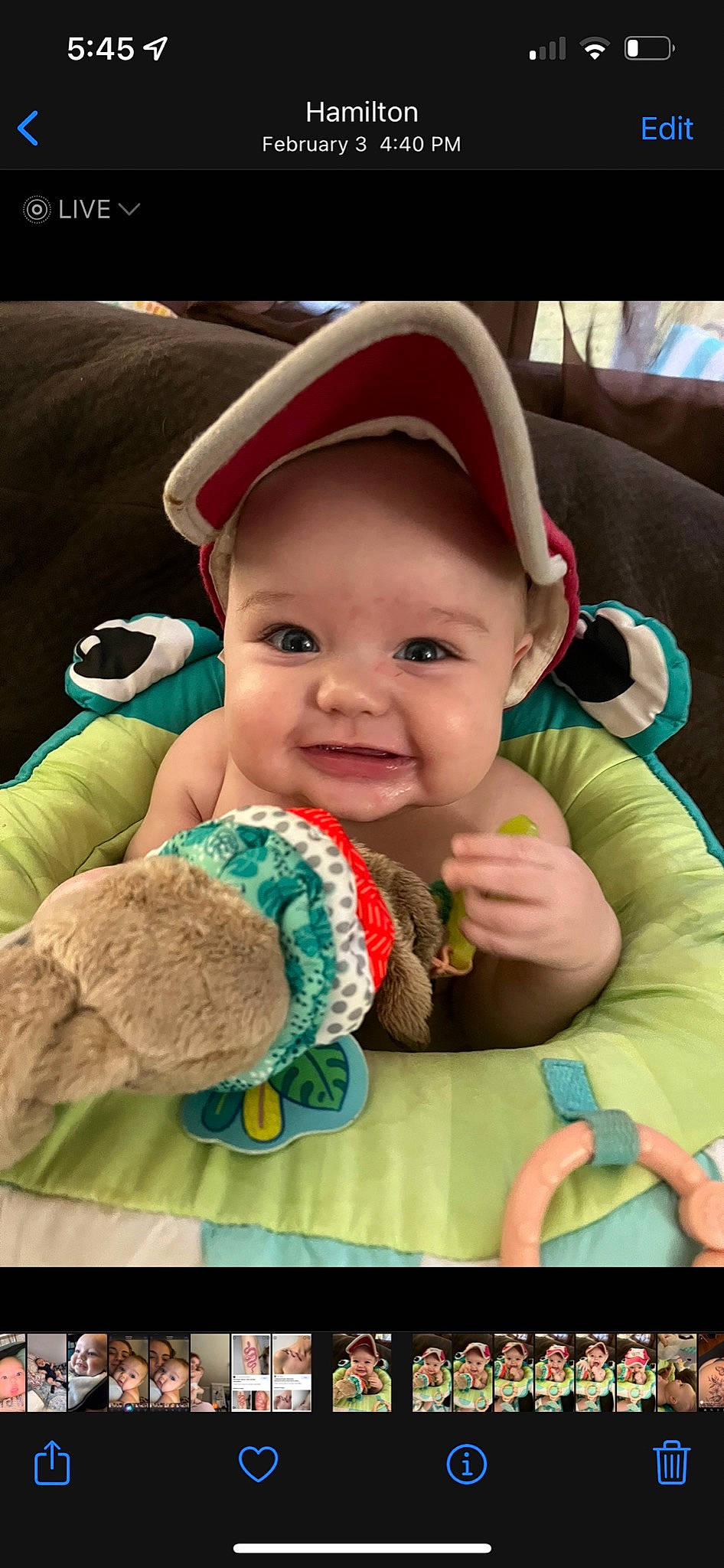 Kayson joined the competition — help win amazing prizes! baby, baby_products, baby_toddler_clothing, cap, car_seat, child, cool, finger, fun, green, hand, happy, head, headgear, headwear, person, product, sitting, skin, smile