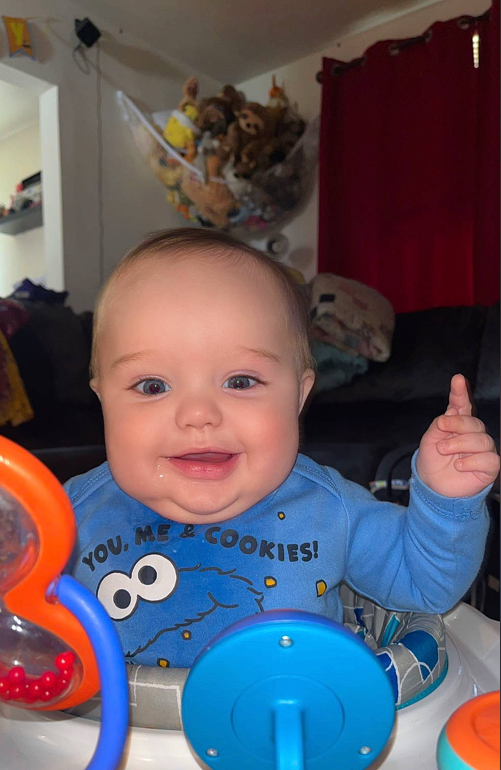 Kayson is registered to the contest to win money with this photo: baby, baby_products, baby_toddler_clothing, baby_toys, cheek, child, chin, curtain, electric_blue, eye, facial_expression, fun, happy, iris, joy, person, play, room, skin, smile