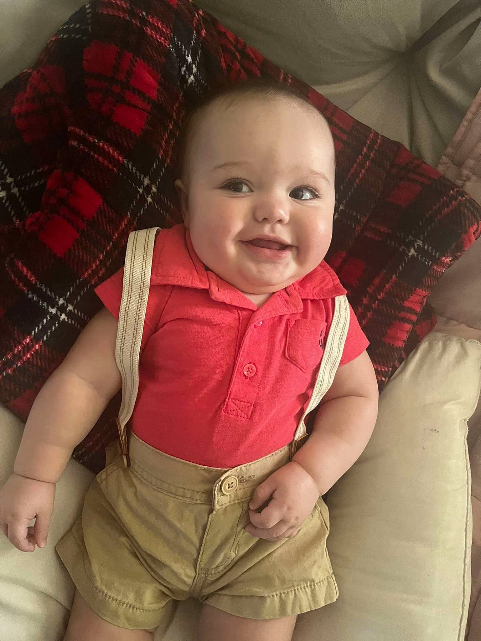 Kayson is registered to the contest to win money with this photo: arm, baby, cheek, chin, comfort, eye, facial_expression, hairstyle, head, human_body, joy, lip, mouth, nose, organ, outerwear, person, product, skin, smile