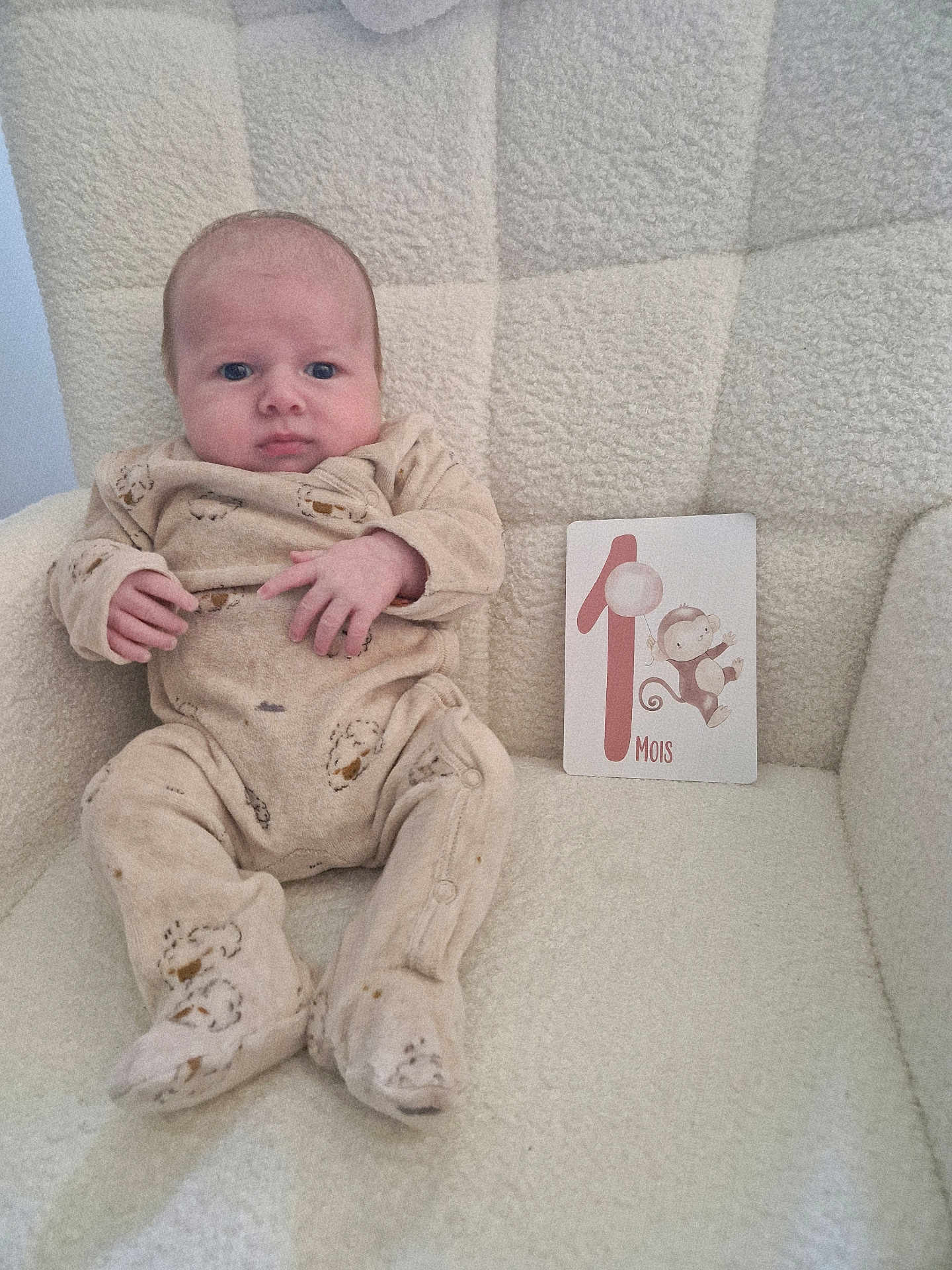 Adrian participe au concours pour gagner de l'argent avec cette photo : baby, infant, onesie, chair, milestone_card, monkey_illustration, cute, cozy, portrait, child, soft_texture, beige, cream_color, sitting, indoor, person, young_child, small_hands, cute_expression, comfortable