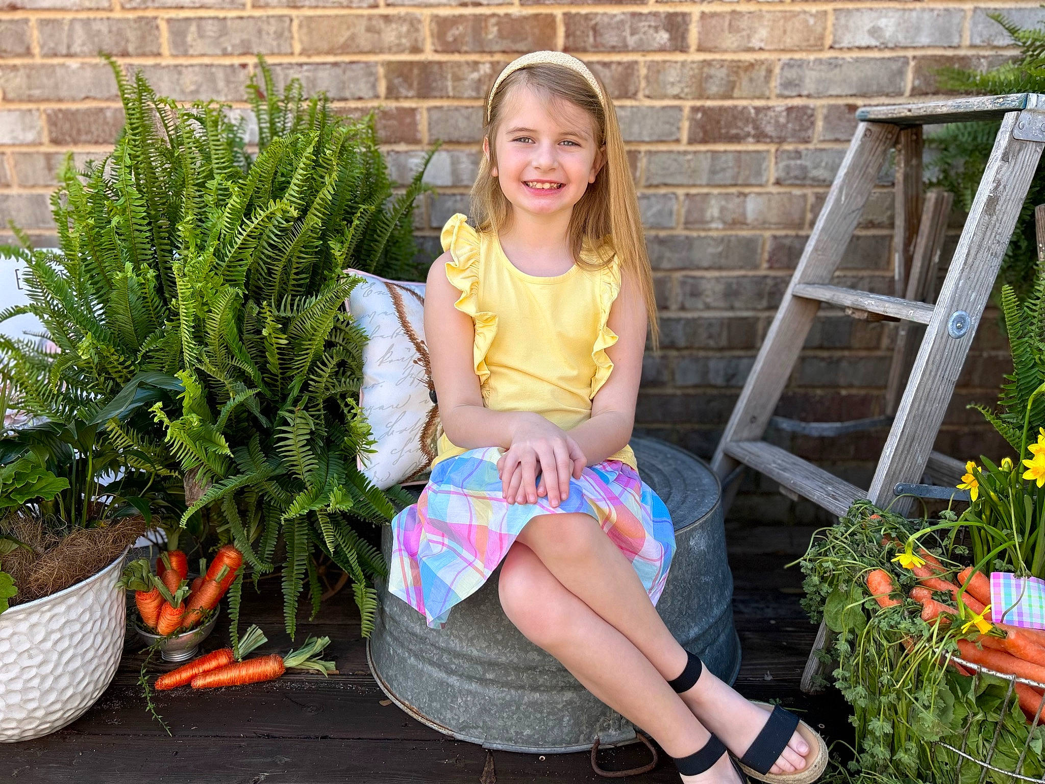 Madolyn joined the competition — help win amazing prizes! botany, chair, flowerpot, grass, grass_family, houseplant, joy, knee, lawn, leaf, leg, leisure, people_in_nature, person, plant, shorts, smile, t_shirt, terrestrial_plant, thigh