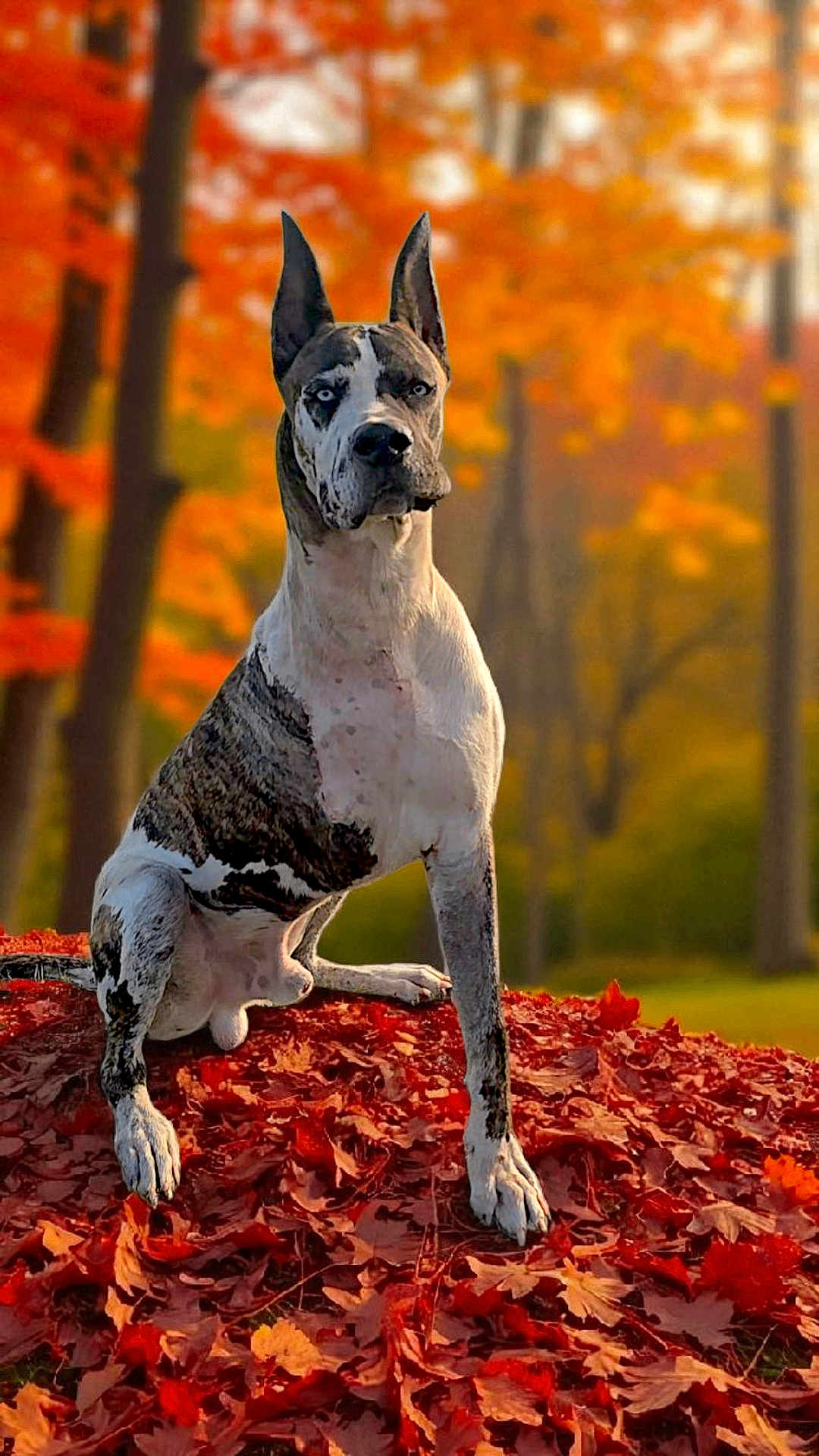 Odin joined the competition — help win amazing prizes! dog, great_dane, autumn, fall_leaves, outdoor, nature, tree, leaf_pile, animal, pet, canine, seasonal, colorful, park, sitting, portrait, forest, sunlight, vibrant, majestic