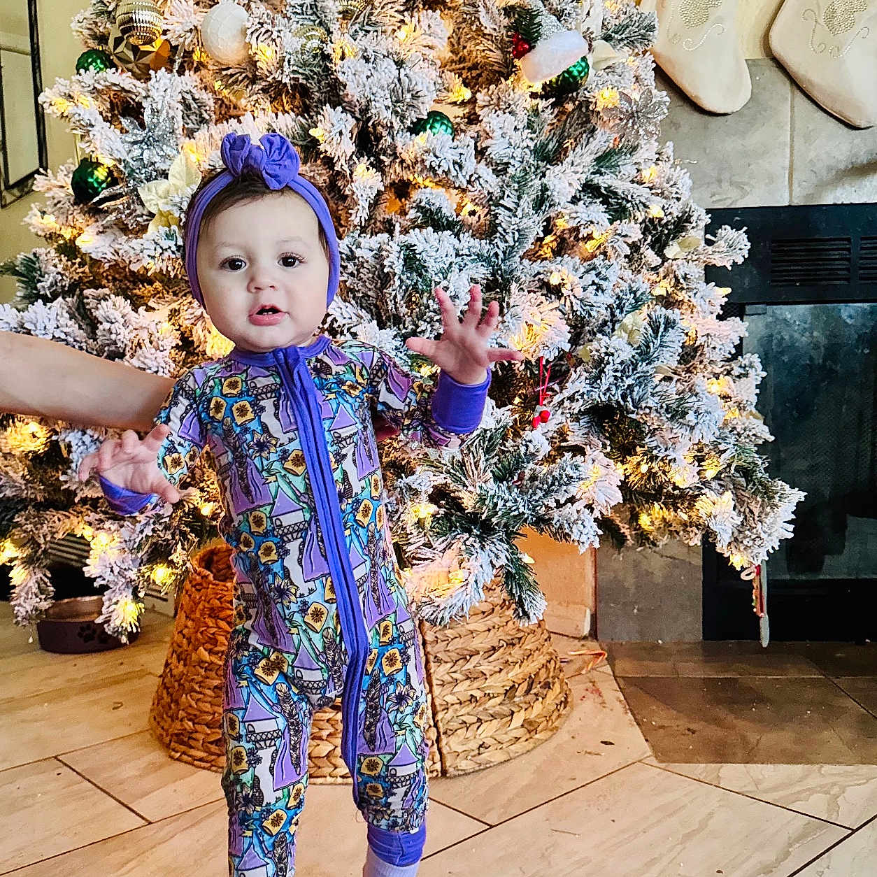 Adalyne joined the competition — help win amazing prizes! celebration, child, christmas_tree, cute, decorations, family, festive, floor, headband, holiday, home, indoor, lights, pajamas, pine_tree, smiling, socks, stockings, toddler, winter