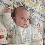 Christian joined the competition — help win amazing prizes! baby, infant, child, portrait, lying_down, blanket, floral, bed, onesie, clothing, arms_raised, face, eyes, nose, mouth, skin, indoors, cozy, sleeping_area, photography