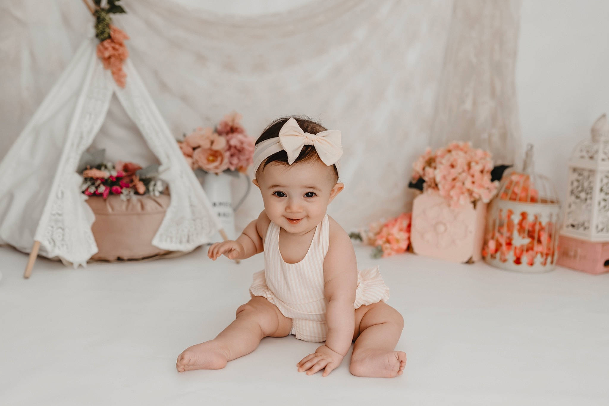Aleenah joined the competition — help win amazing prizes! baby, baby_toddler_clothing, child, dress, event, fashion_accessory, flooring, hair_accessory, happy, headpiece, headwear, joy, linens, peach, person, petal, pink, plant, smile, sweetness