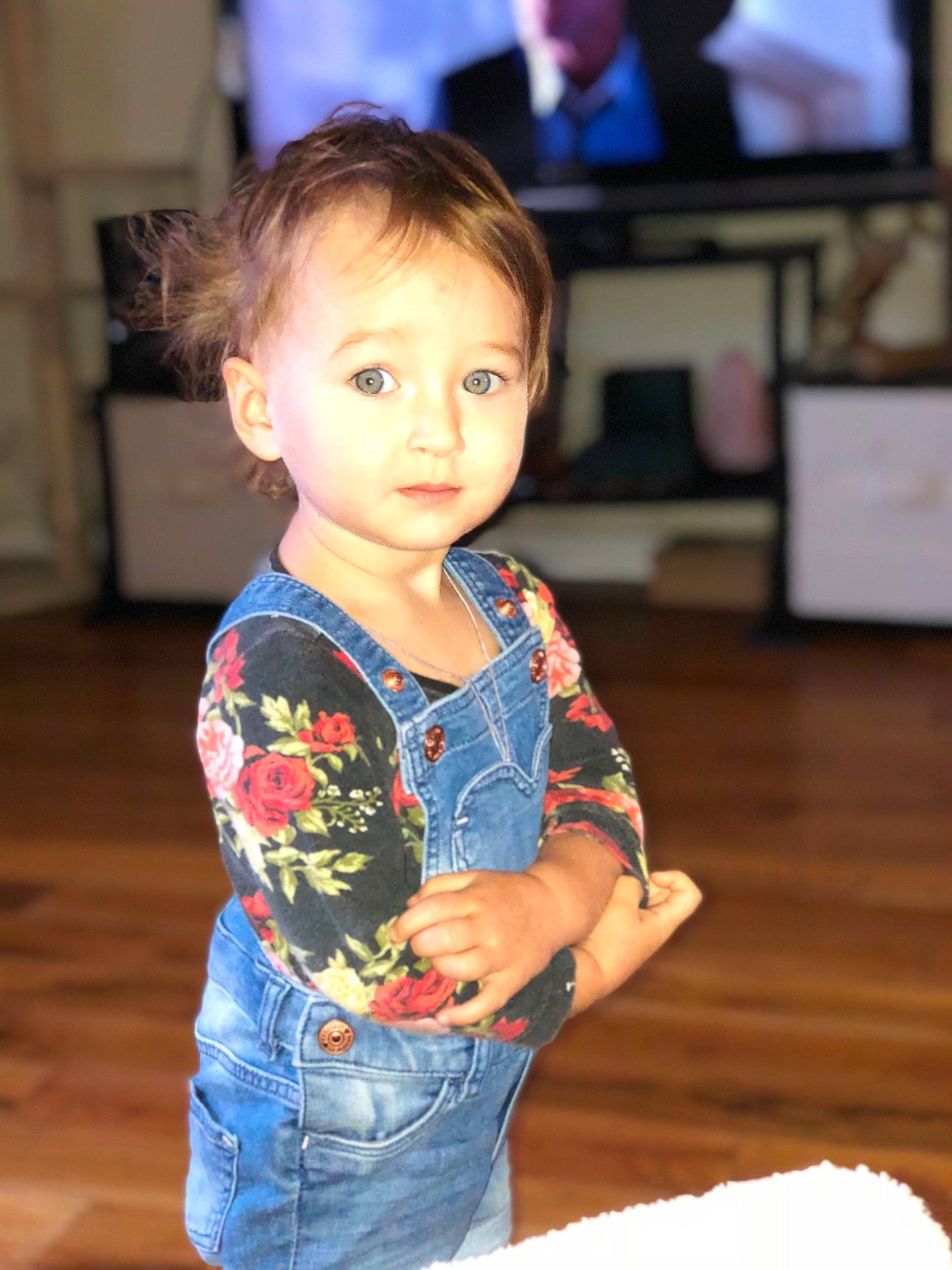 Scarlett Rose joined the competition — help win amazing prizes! baby_toddler_clothing, cable_television, child, denim, display_device, flat_panel_display, floor, flooring, hairstyle, hardwood, head, jeans, jewellery, laminate_flooring, person, picture_frame, television, television_set, toddler, wood_flooring