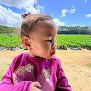 Nenase joined the competition — help win amazing prizes! casual_clothing, child, clouds, cute, daylight, dirt_path, earring, farm, field, fruit, greenery, nature, outdoor, person, profile, purple_shirt, sky, strawberry, toddler, young_child