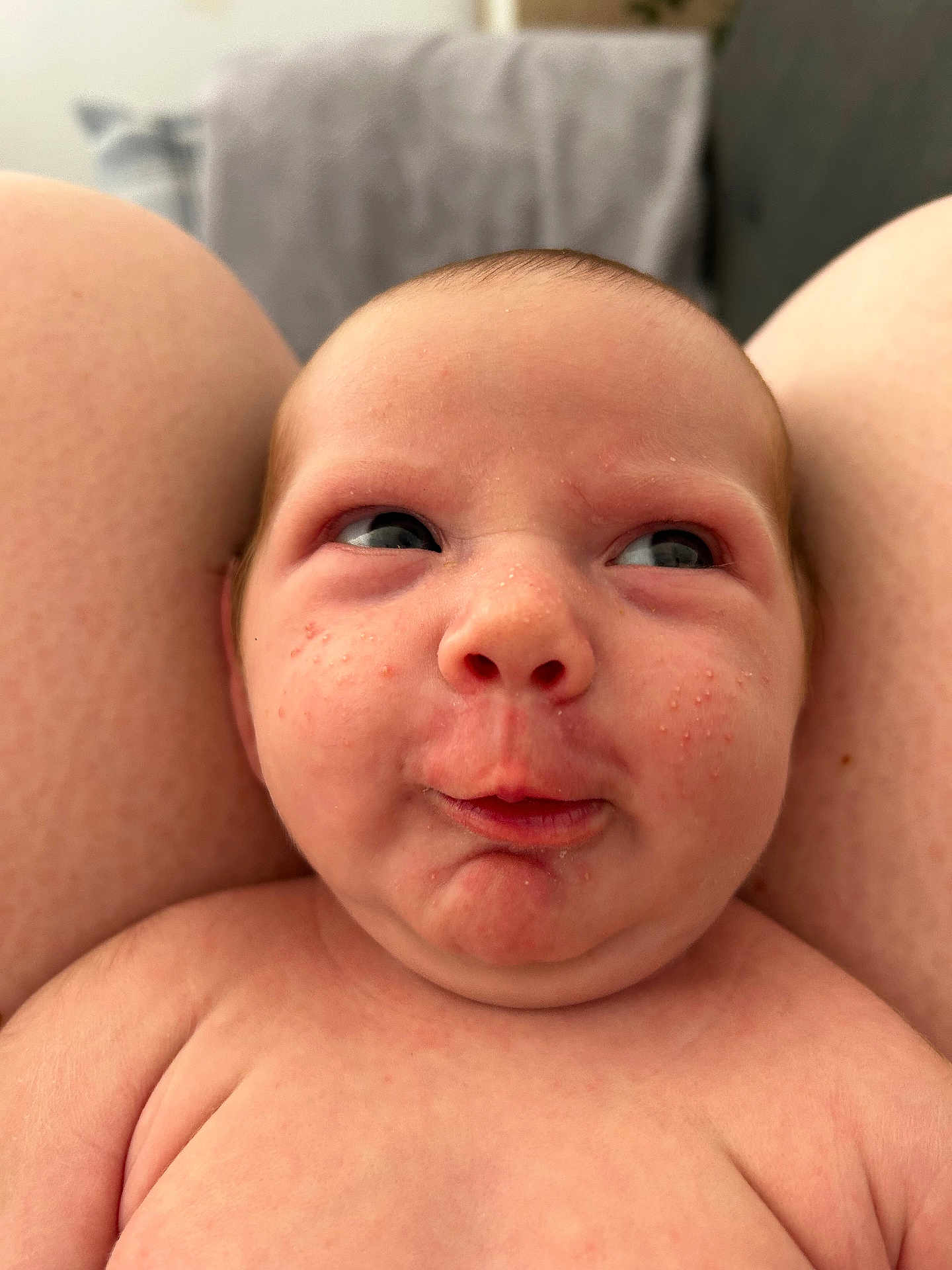 Lilly is registered to the contest to win money with this photo: baby, infant, face, skin, expression, chubby, closeup, portrait, person, naked, head, cheeks, eyes, mouth, shoulders, legs, human, newborn, curious, indoor