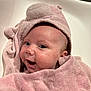 baby, towel, pink, hood, bathtub, smiling, face, cute, child, skin, wrapped, happy, indoors, infant, head, person, soft, texture, closeup, eyes