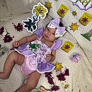 Nahara joined the competition — help win amazing prizes! baby, blanket, bow, cute, decor, flowers, girl, hand, headband, infant, legs, lying_down, milestone_plaque, paper_cutouts, pink, portrait, purple_dress, skin, sun_stickers, toddler_prop