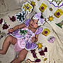 baby, blanket, bow, cute, decor, flowers, girl, hand, headband, infant, legs, lying_down, milestone_plaque, paper_cutouts, pink, portrait, purple_dress, skin, sun_stickers, toddler_prop