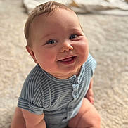 Lucas joined the competition — help win amazing prizes! baby, child, smiling, sitting, blue_clothing, striped, onesie, carpet, indoors, cute, chubby, happy, face, head, infant, person, portrait, skin, soft_light, young