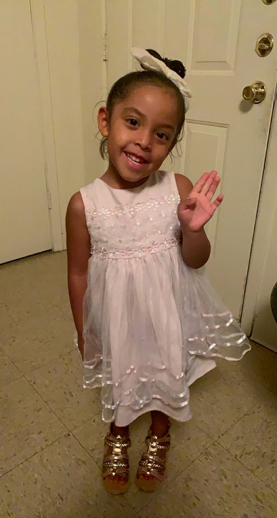 Rosaelia is registered to the contest to win money with this photo: arm, baby_toddler_clothing, cheek, day_dress, dress, embellishment, finger, flooring, fun, gesture, hairstyle, hand, human_body, iris, joy, one_piece_garment, person, shoulder, skin, sleeve