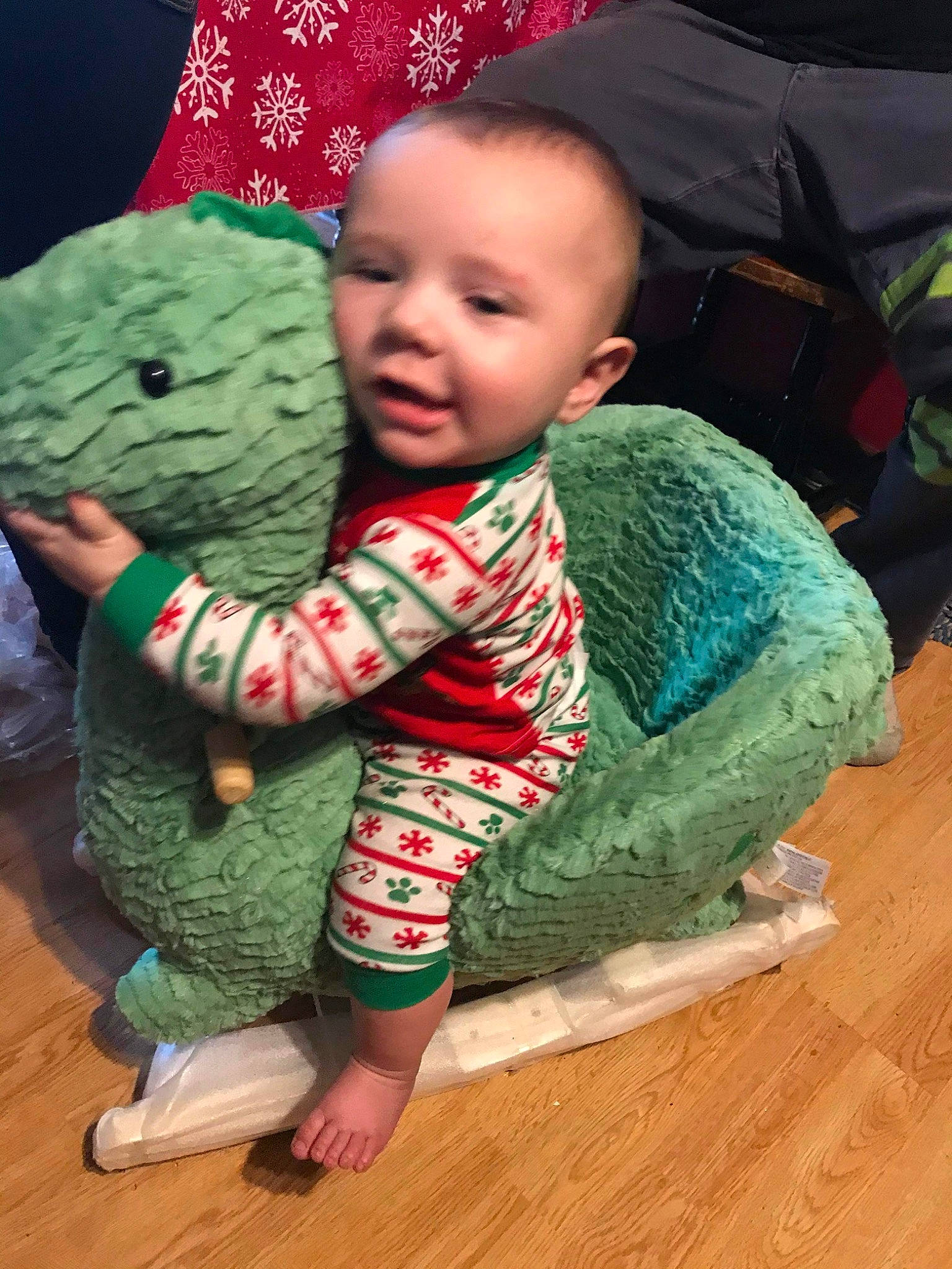 Benton joined the competition — help win amazing prizes! baby, baby_toddler_clothing, child, christmas, christmas_ornament, comfort, eye, flooring, fun, grass, green, happy, hardwood, head, holiday, person, red, sitting, skin, toddler
