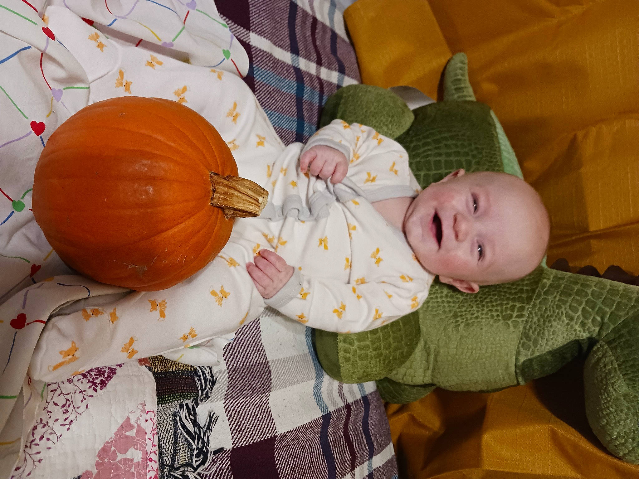 Harrison is registered to the contest to win money with this photo: baby, baby_toddler_clothing, calabaza, child, comfort, couch, cucurbita, gourd, joy, linens, pattern, peach, person, pumpkin, room, sitting, squash, textile, toddler, vegetable