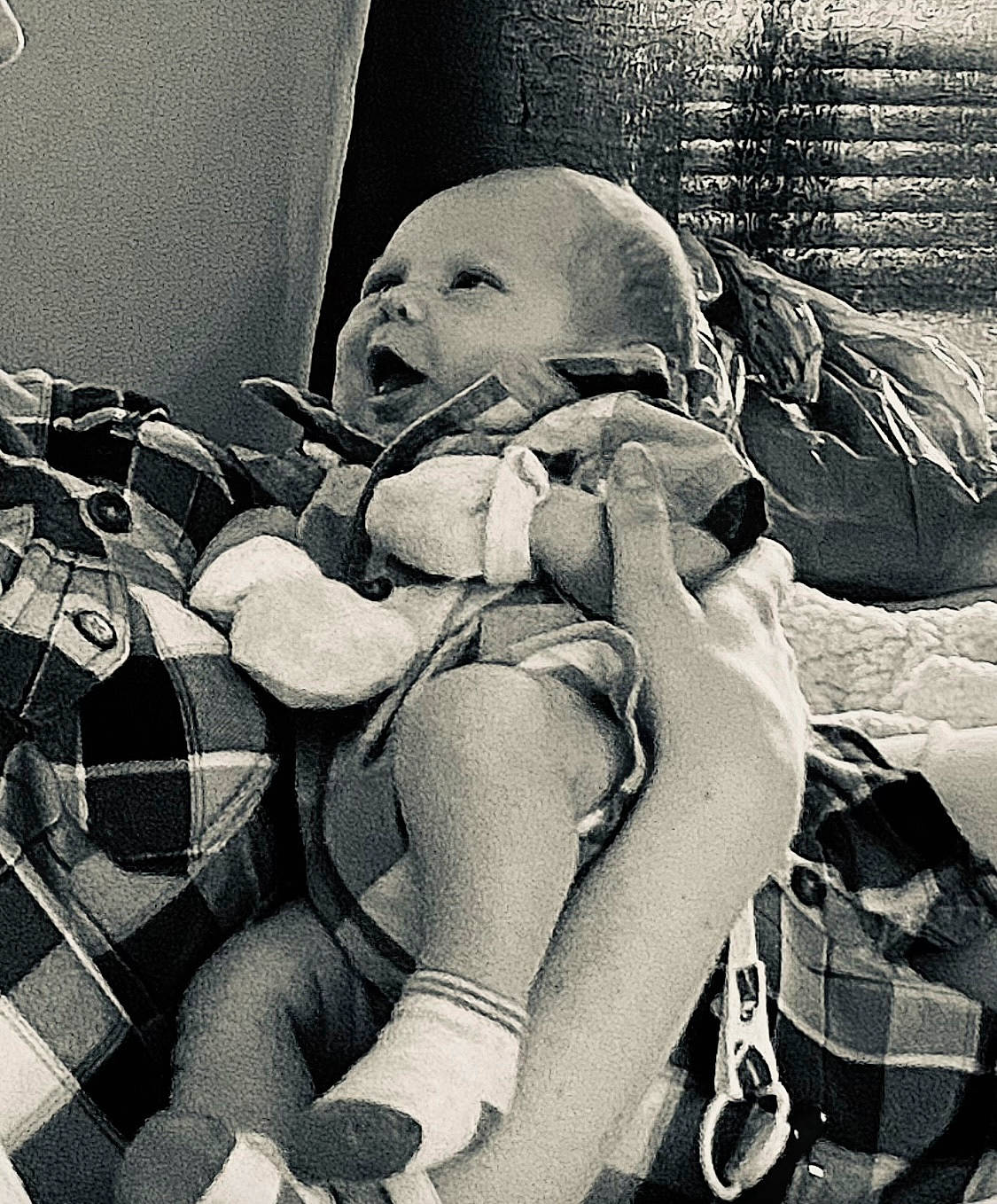 Clayton is registered to the contest to win money with this photo: baby, baby_products, baby_sleeping, baby_toddler_clothing, black_and_white, child, comfort, happy, human_leg, knee, monochrome, monochrome_photography, pattern, person, sitting, stock_photography, style, textile, thigh, toddler